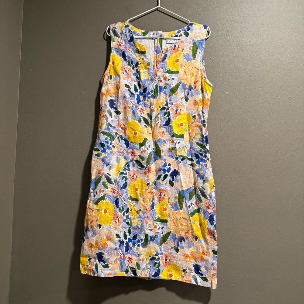 Foil Floral 100% Linen Multicolored Breathable Shift Dress with Pockets Size 6